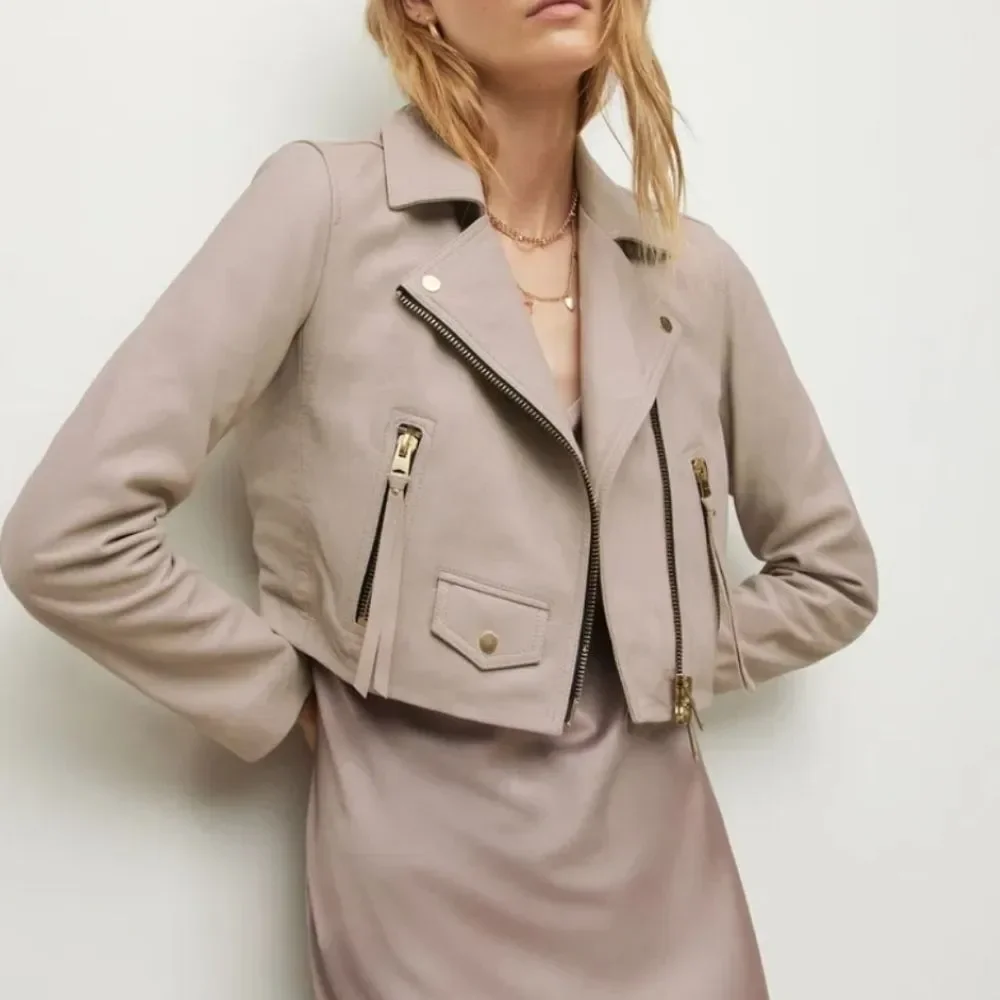 All Saints Pale Pink Cream Leather Chic Edgy Feminine Cropped Elora Biker Size 6 - Picture 1 of 13